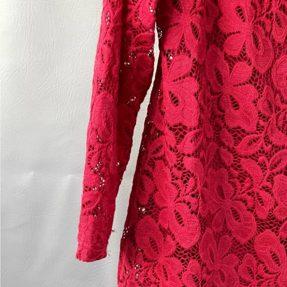 ACEVOG size XL red lace off shoulder midi dress lined with stretch 3/4 sleeve - Picture 7 of 14